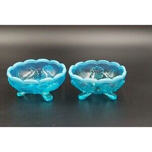 Northwood Jefferson Blue Opalescent Shell Three Footed Berry Bowl Set of 2